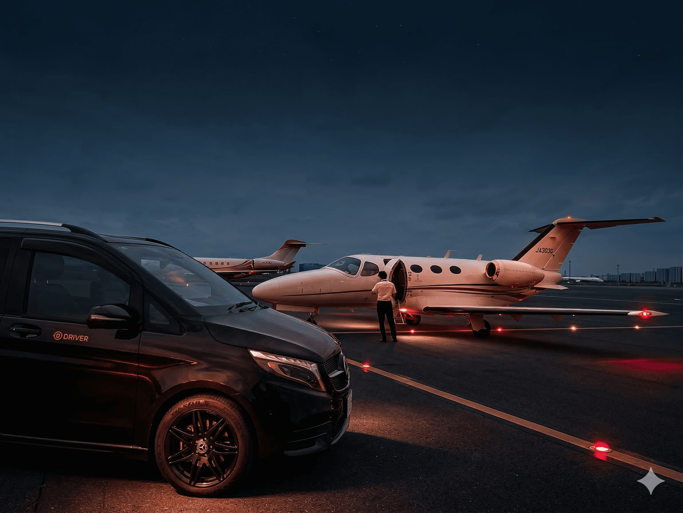 Driver Japan chauffeur van meeting a private jet on the tarmac at night