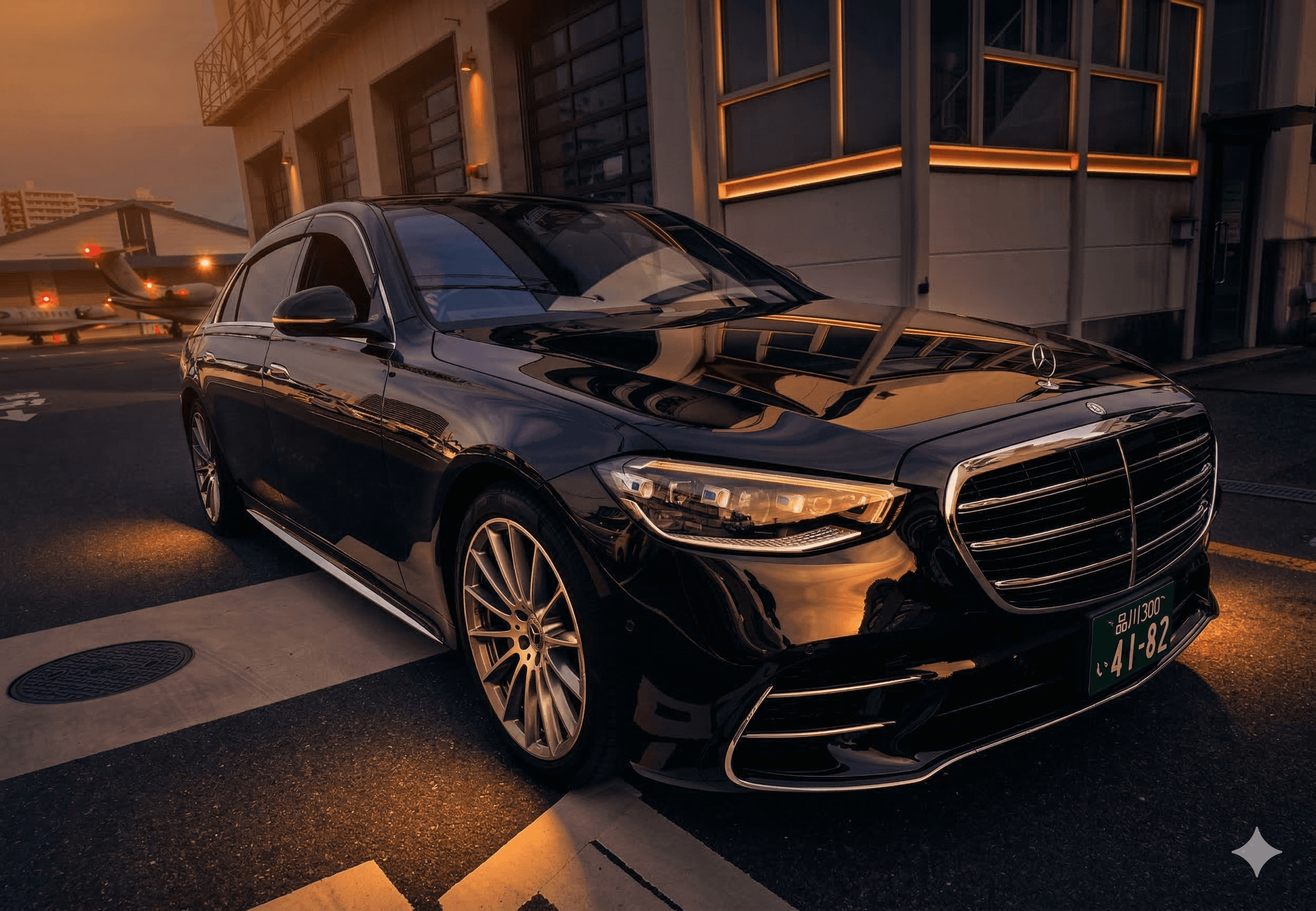 Driver Japan Mercedes-Benz S-Class at night near a private jet