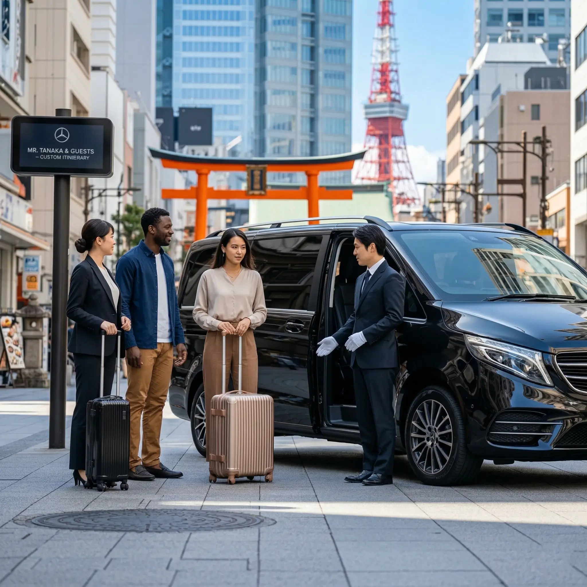 景観の良い道を走る Driver Japan のチャーター車両